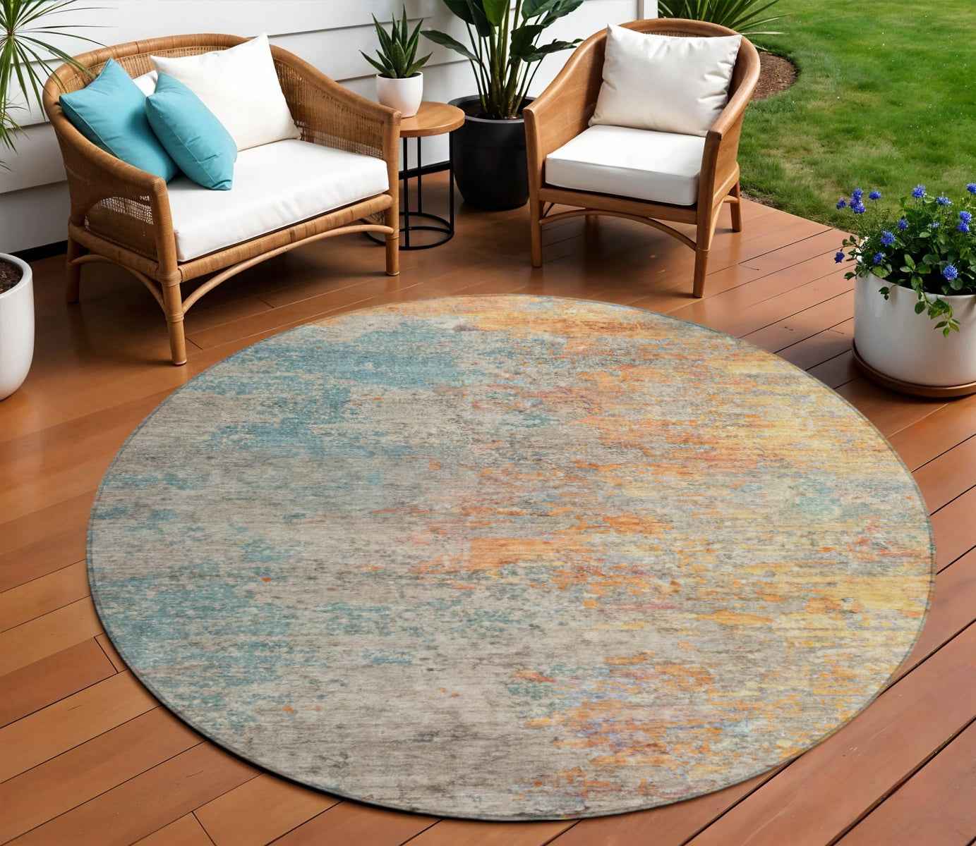 8' Teal Blue Round Abstract Washable Indoor Outdoor Area Rug
