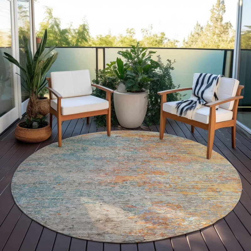 8' Teal Blue Round Abstract Washable Indoor Outdoor Area Rug