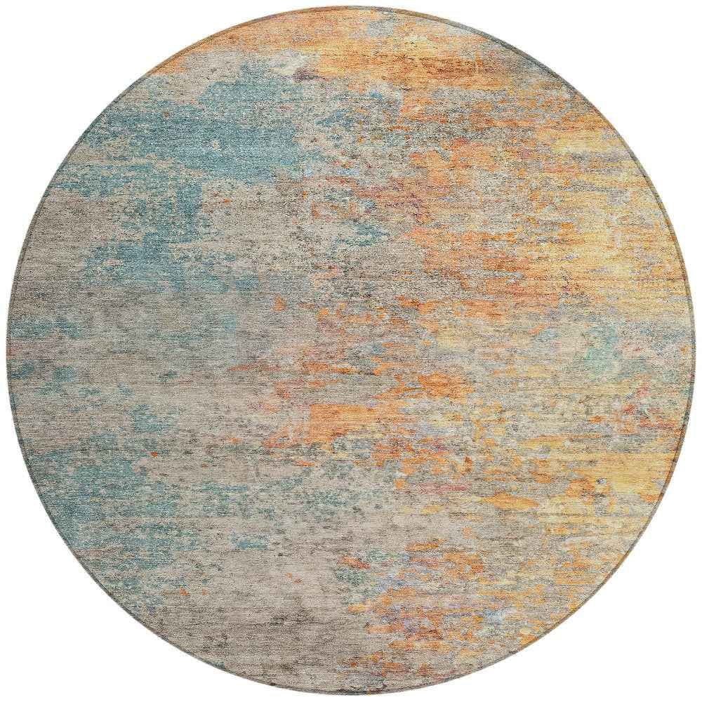 8' Teal Blue Round Abstract Washable Indoor Outdoor Area Rug