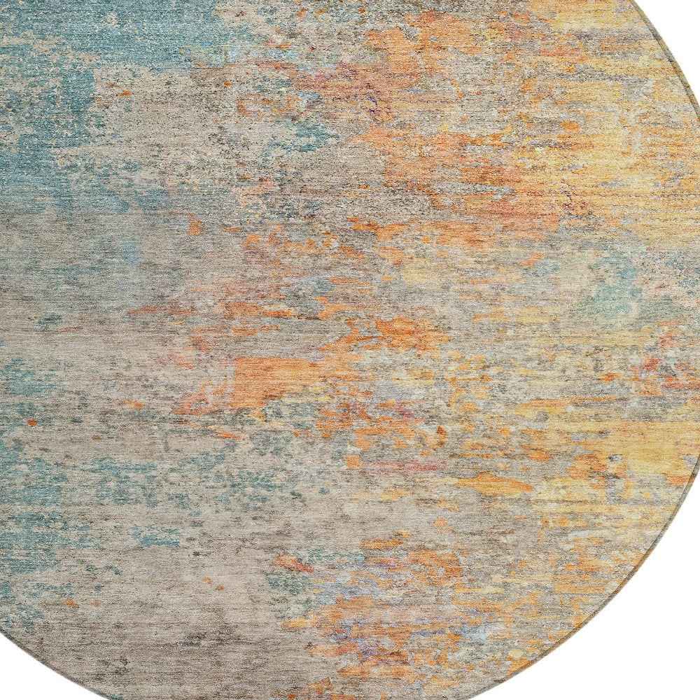8' Teal Blue Round Abstract Washable Indoor Outdoor Area Rug