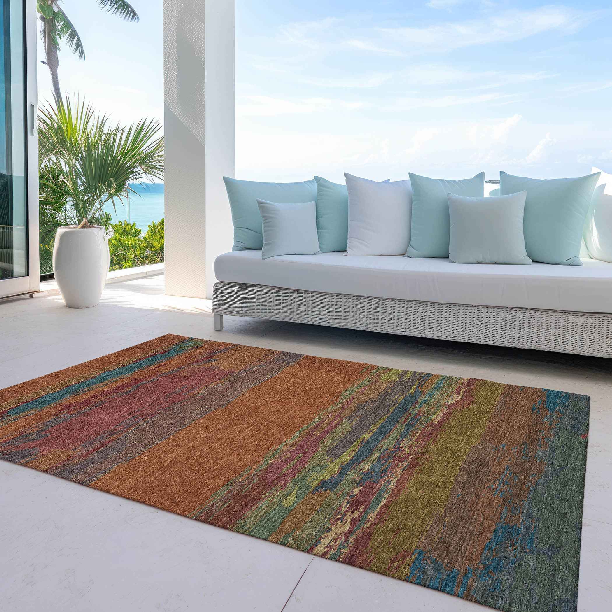 9' X 12' Terra Cotta Abstract Washable Indoor Outdoor Area Rug