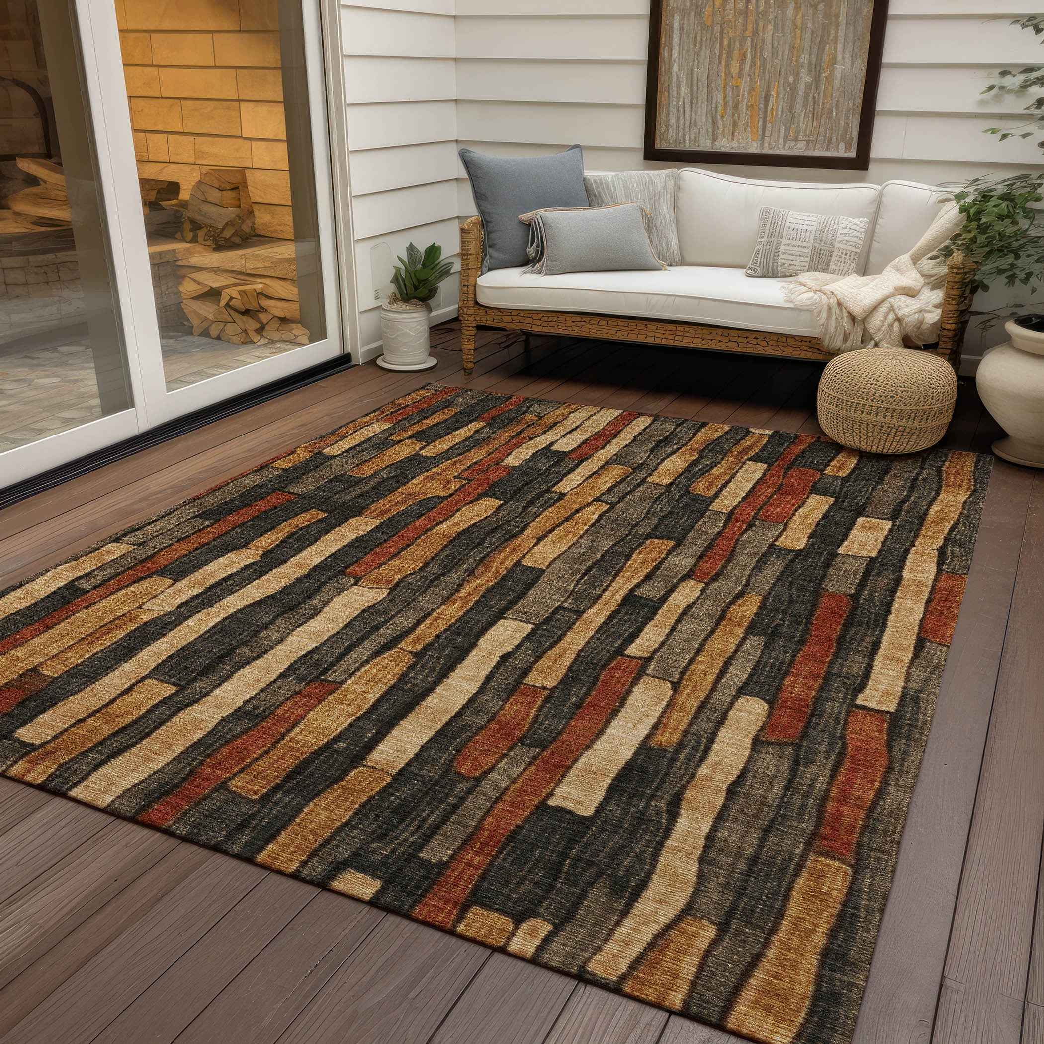 3' X 5' Coffee And Brown Striped Washable Indoor Outdoor Area Rug