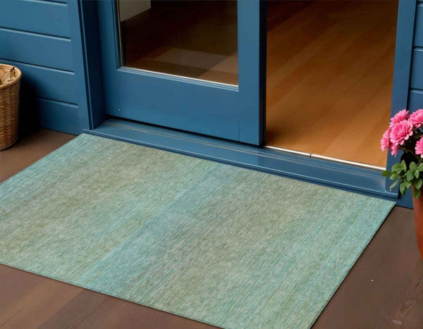 3' X 5' Teal Blue Striped Washable Indoor Outdoor Area Rug