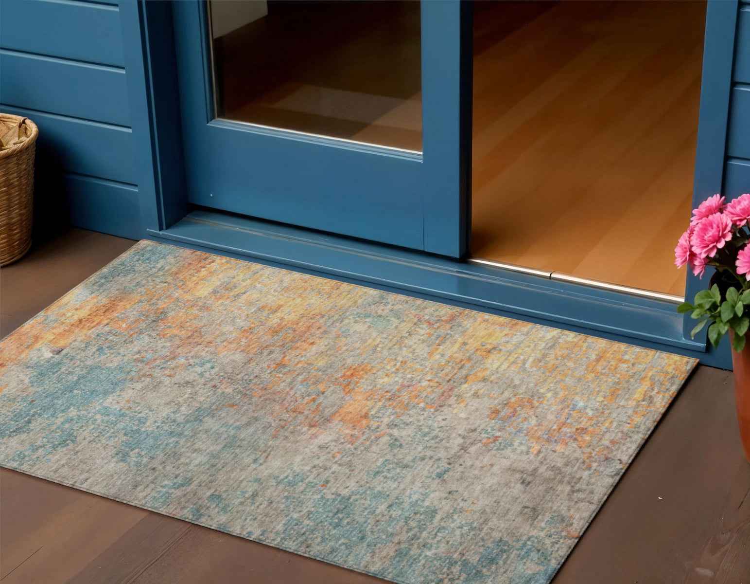3' X 5' Teal Blue Abstract Washable Indoor Outdoor Area Rug