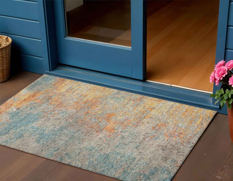 3' X 5' Teal Blue Abstract Washable Indoor Outdoor Area Rug