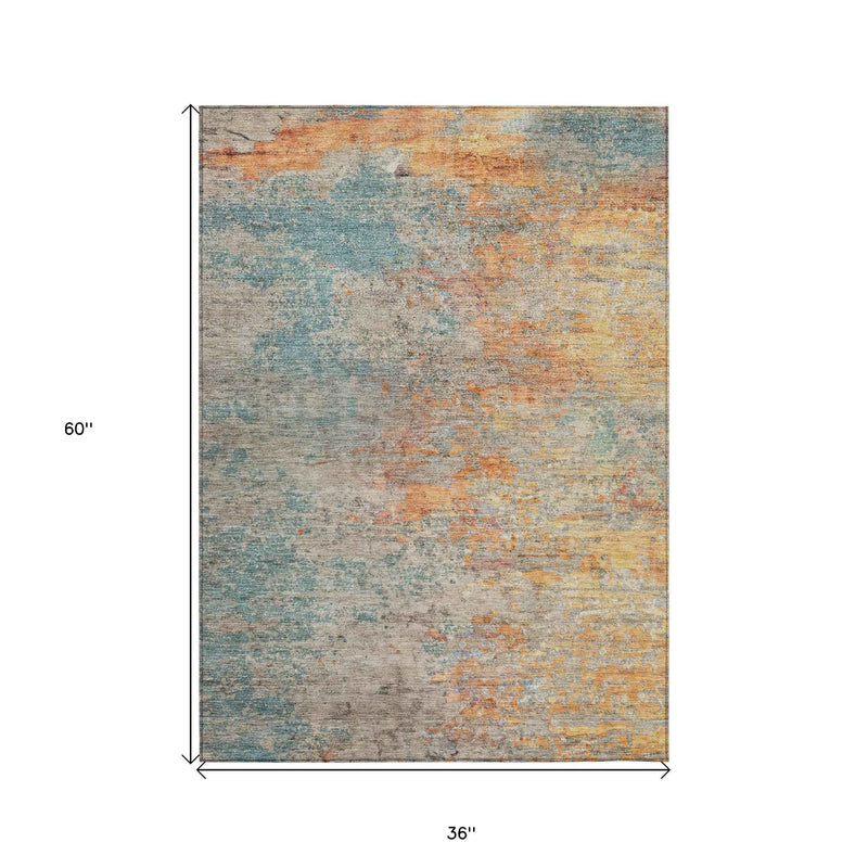 3' X 5' Teal Blue Abstract Washable Indoor Outdoor Area Rug