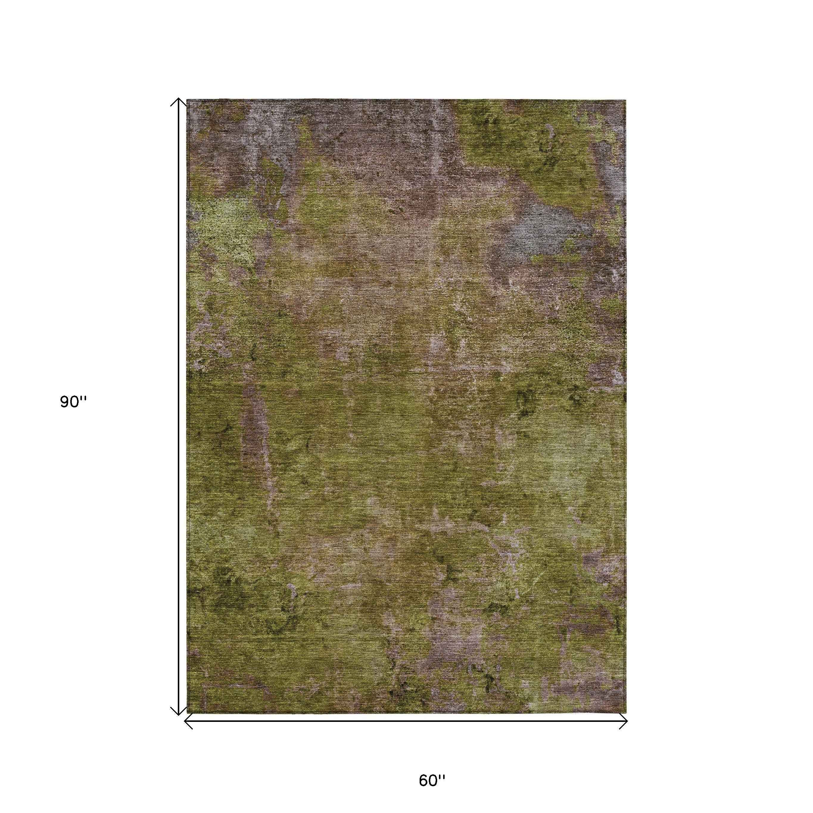 5' X 8' Green Abstract Washable Indoor Outdoor Area Rug