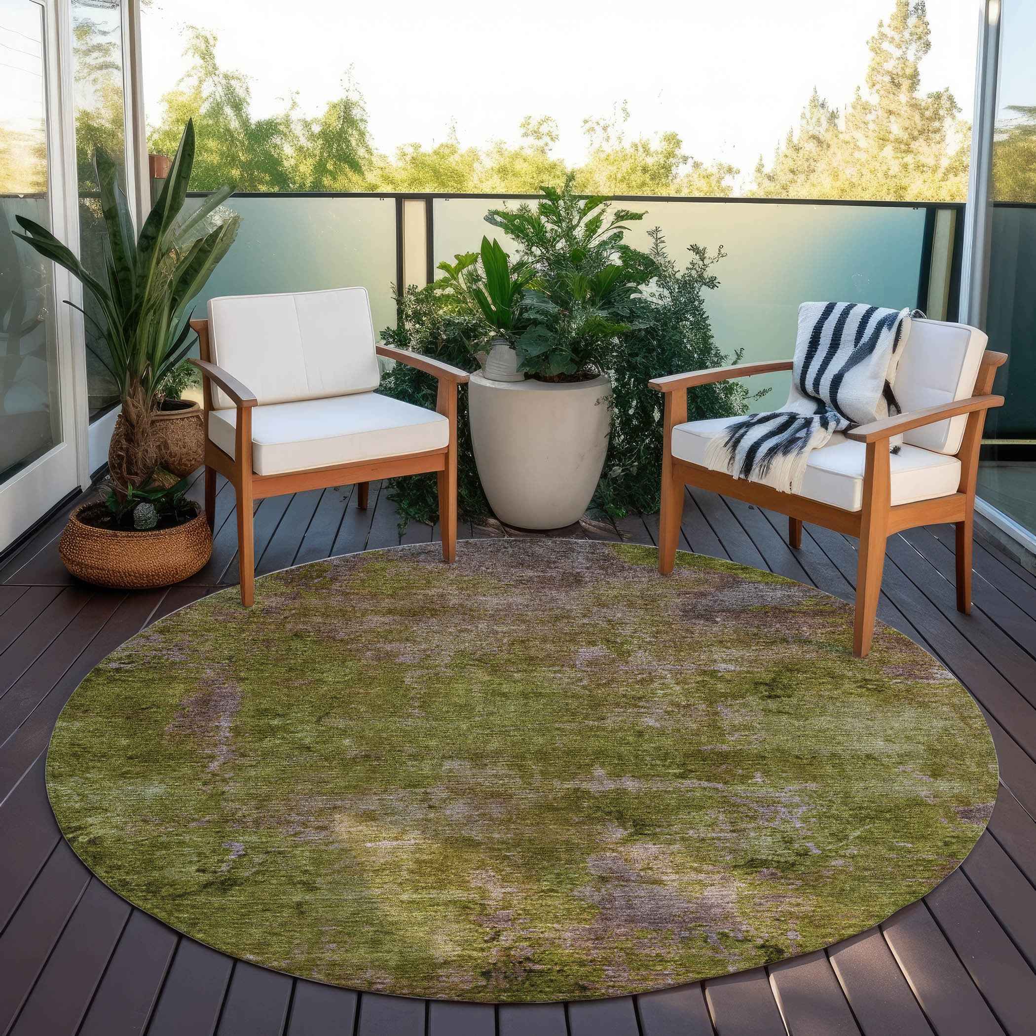 8' Green Round Abstract Washable Indoor Outdoor Area Rug