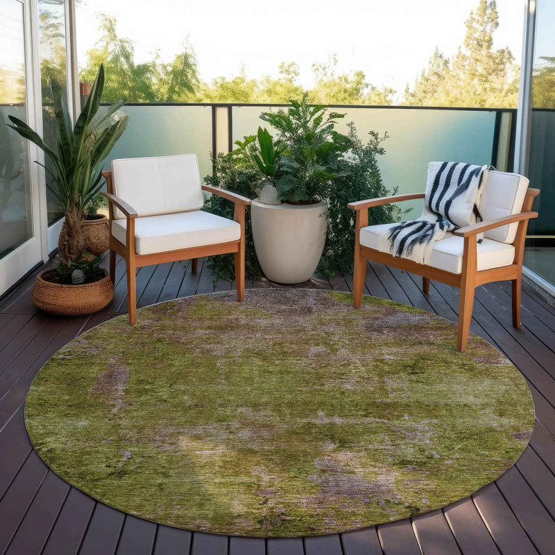 8' Green Round Abstract Washable Indoor Outdoor Area Rug