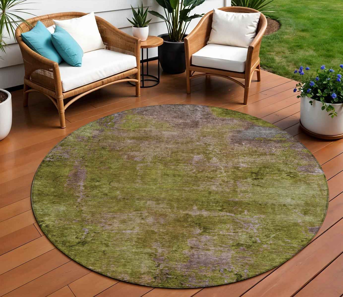 8' Green Round Abstract Washable Indoor Outdoor Area Rug