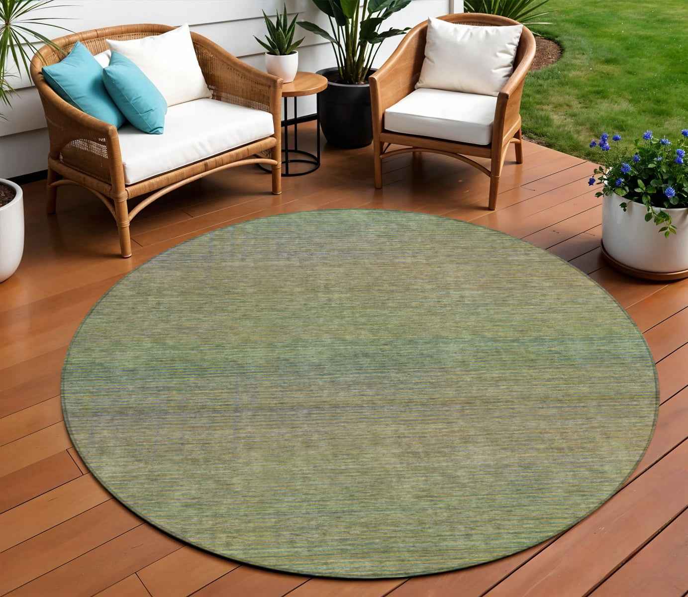 8' Fern Green Round Striped Washable Indoor Outdoor Area Rug