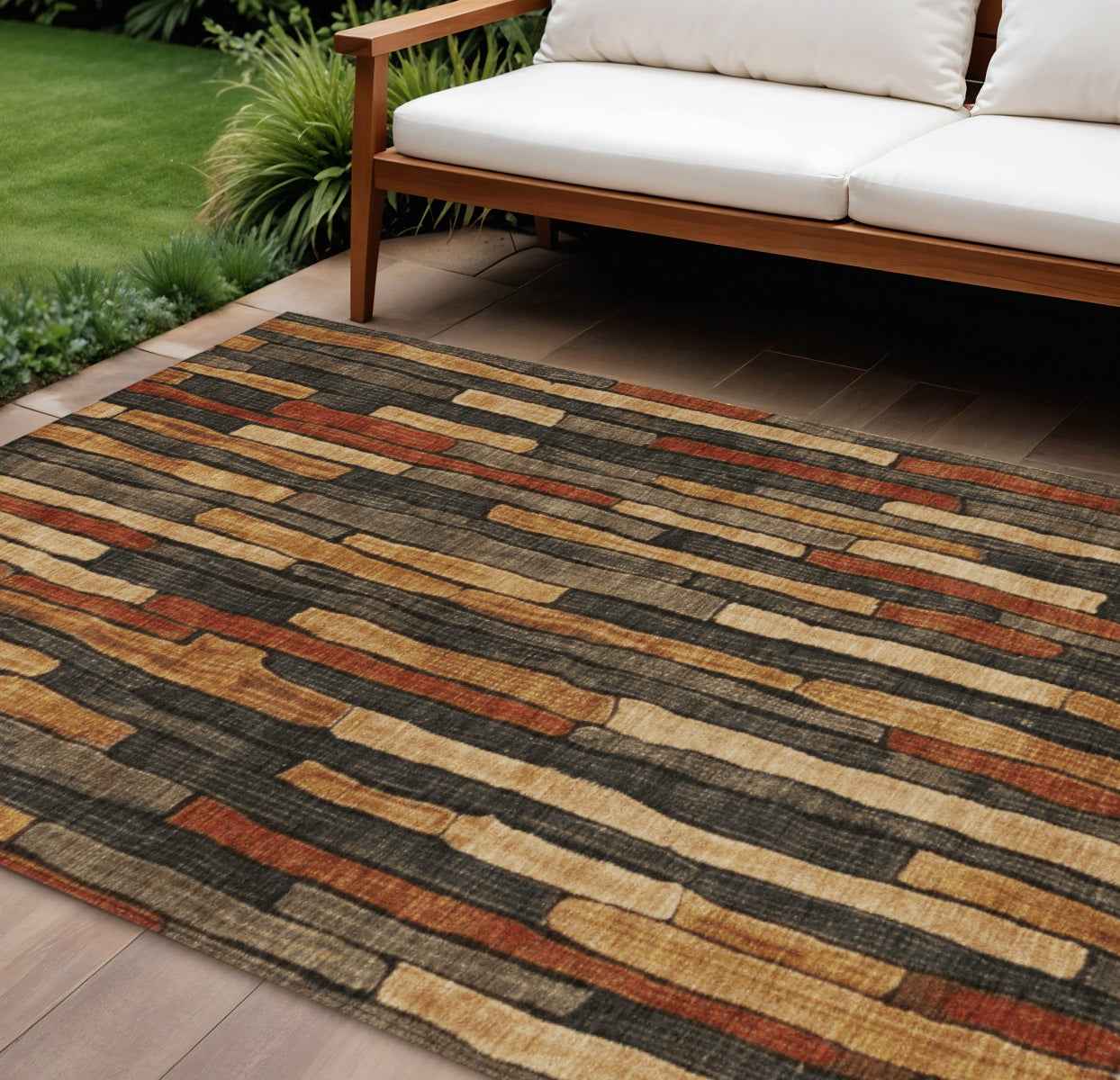 8' X 10' Coffee And Brown Striped Washable Indoor Outdoor Area Rug
