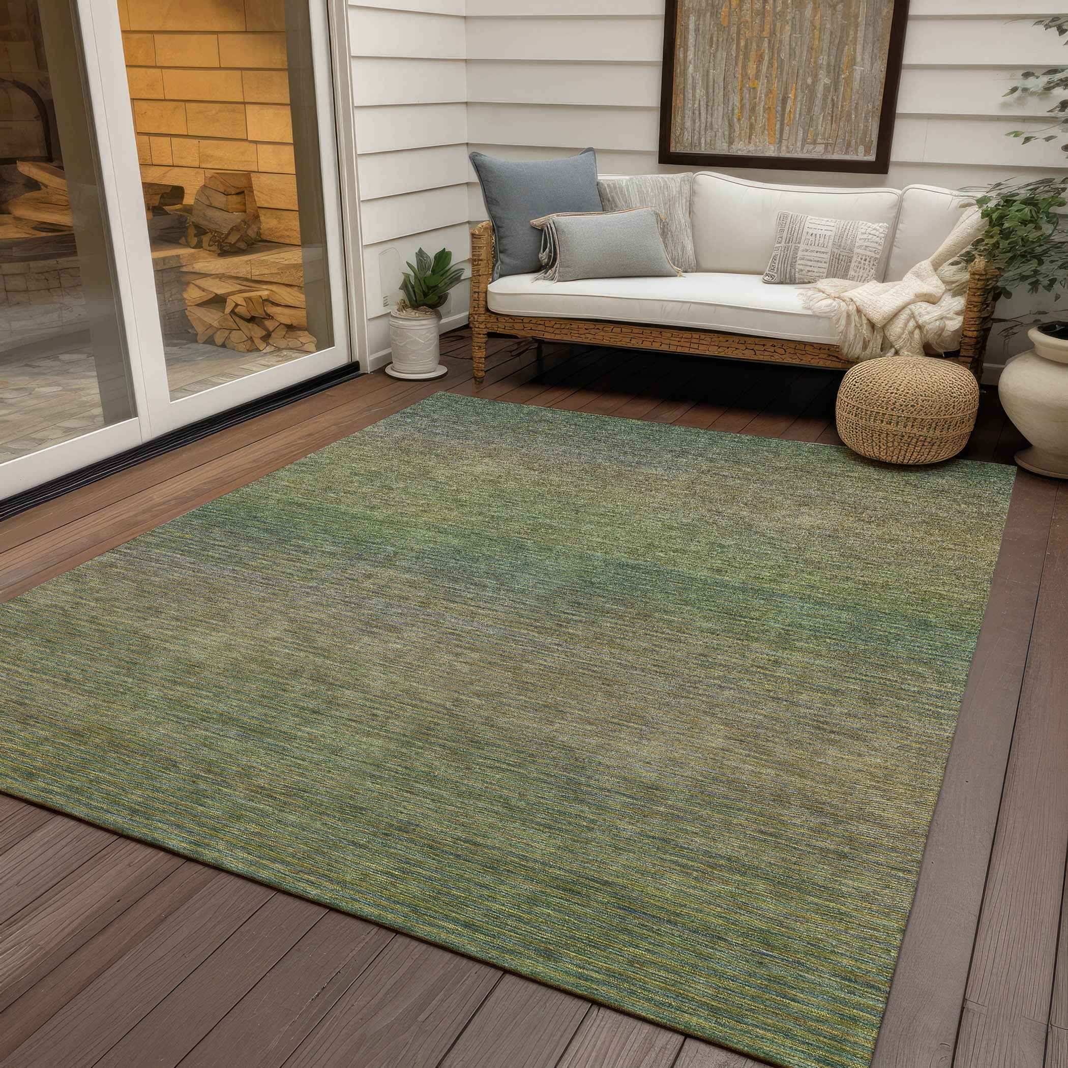 5' X 8' Fern Green Striped Washable Indoor Outdoor Area Rug