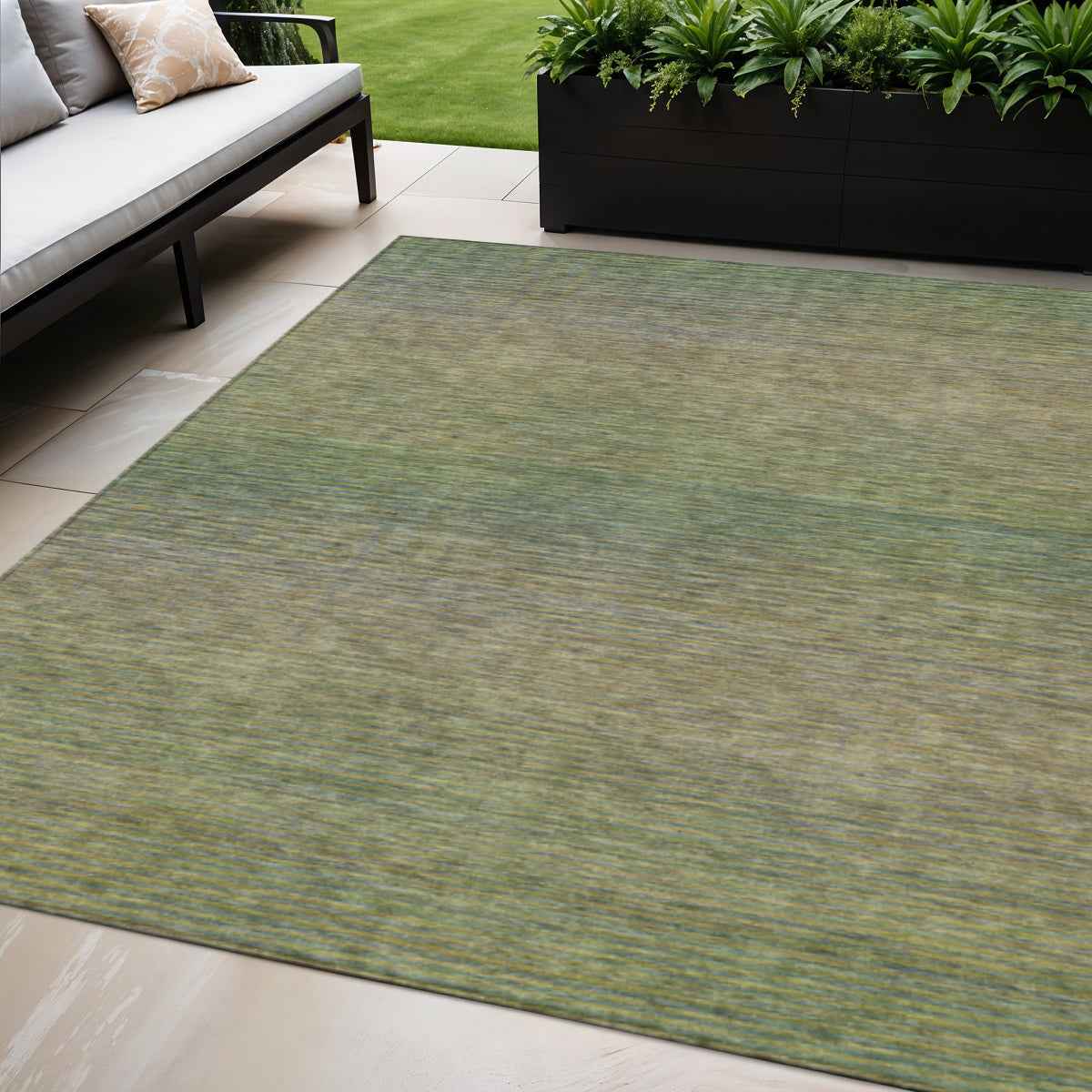 5' X 8' Fern Green Striped Washable Indoor Outdoor Area Rug