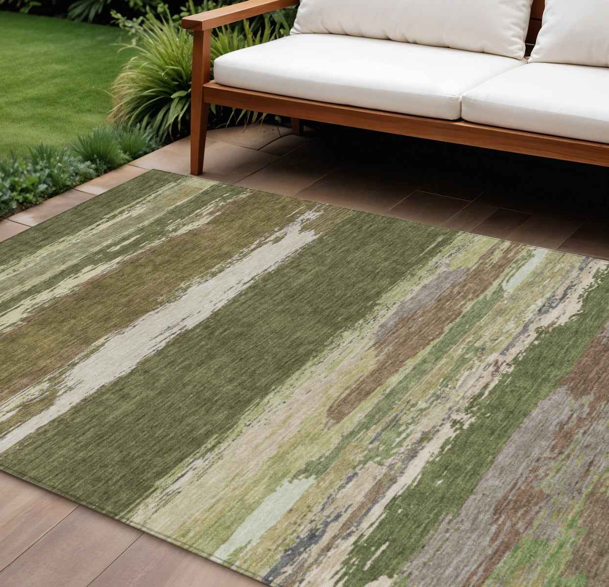 9' X 12' Olive Green Abstract Washable Indoor Outdoor Area Rug