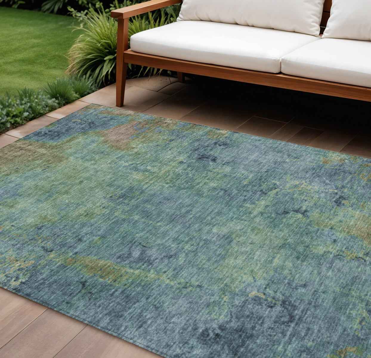 9' X 12' Blue Abstract Washable Indoor Outdoor Area Rug