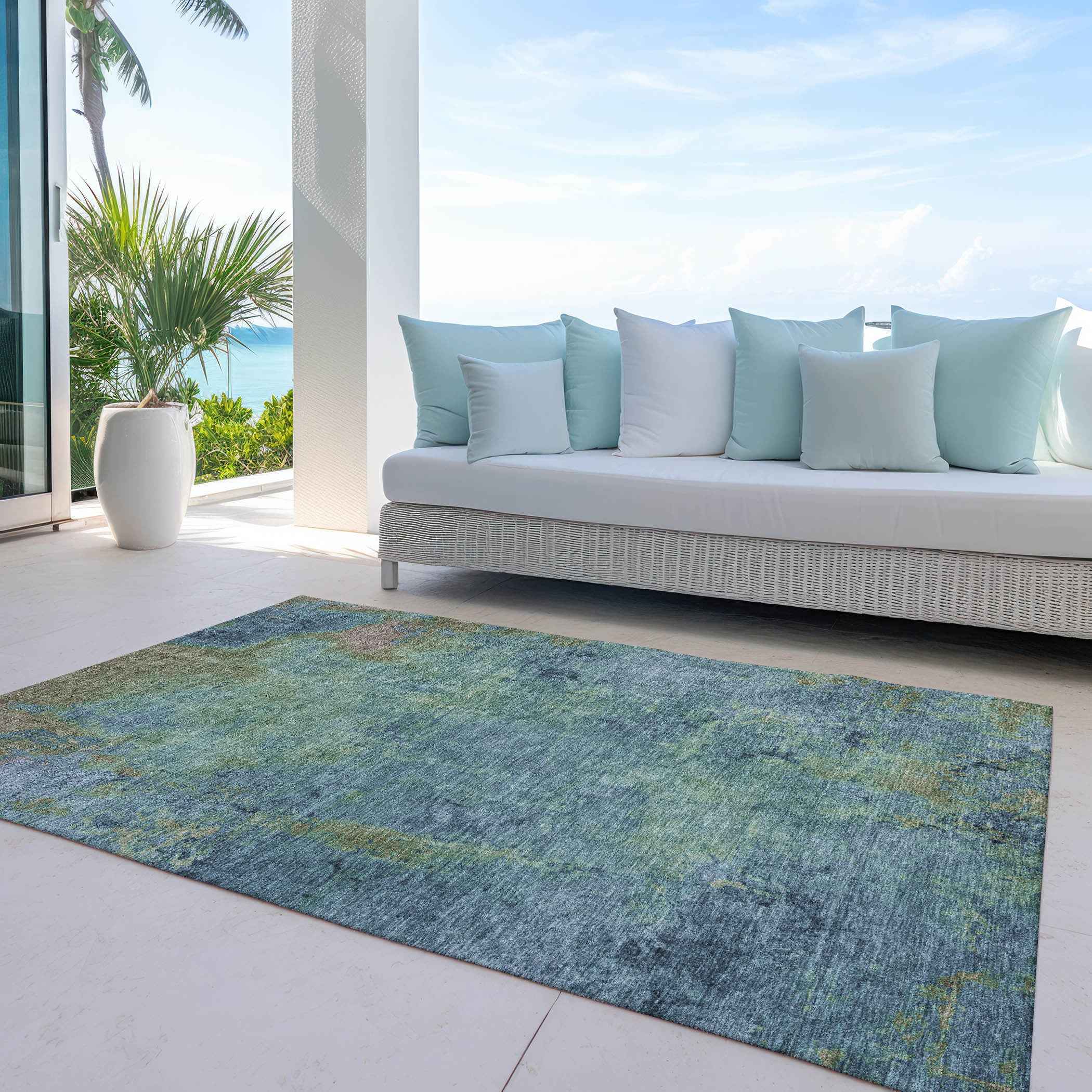 9' X 12' Blue Abstract Washable Indoor Outdoor Area Rug