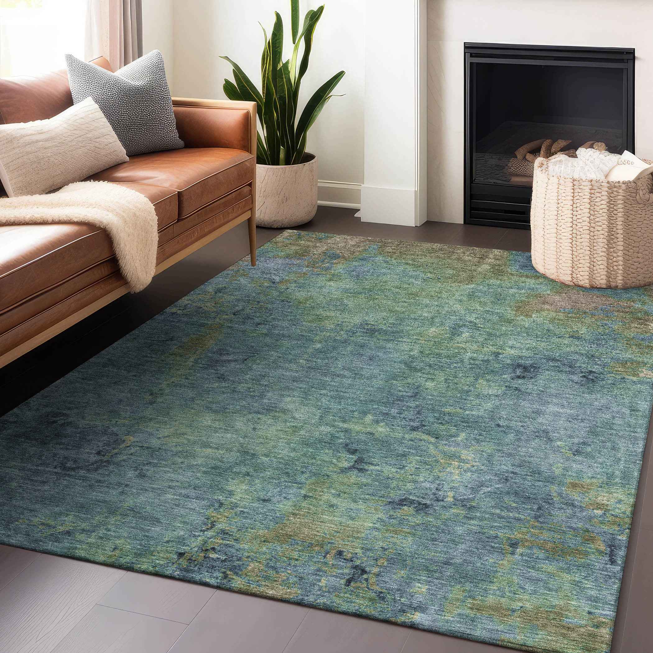9' X 12' Blue Abstract Washable Indoor Outdoor Area Rug
