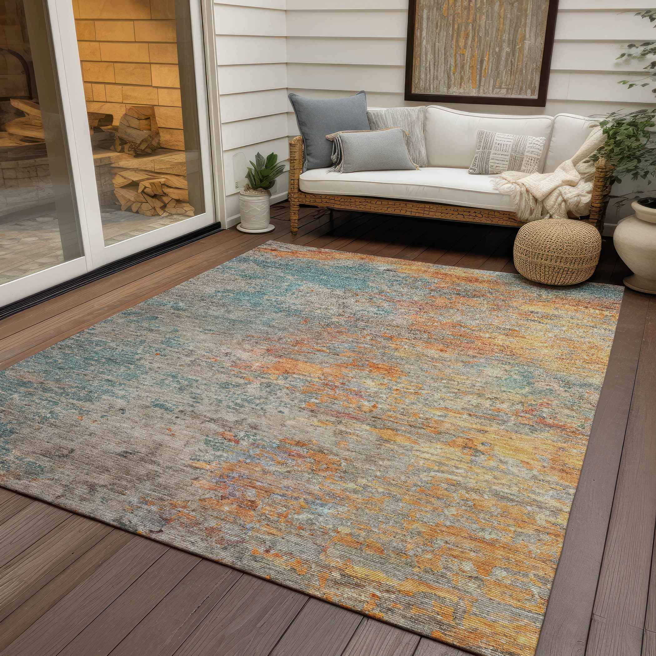 5' X 8' Teal Blue Abstract Washable Indoor Outdoor Area Rug