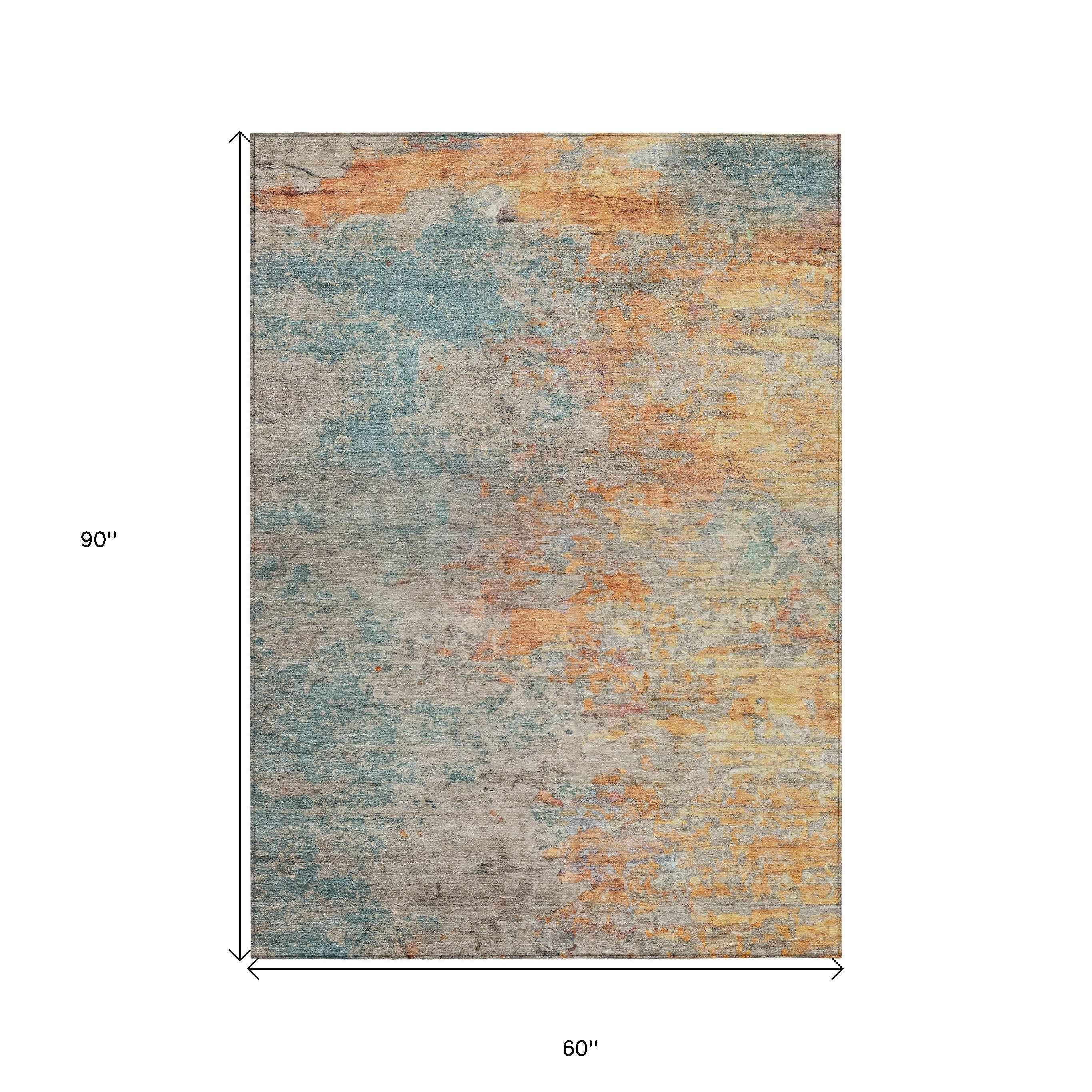 5' X 8' Teal Blue Abstract Washable Indoor Outdoor Area Rug