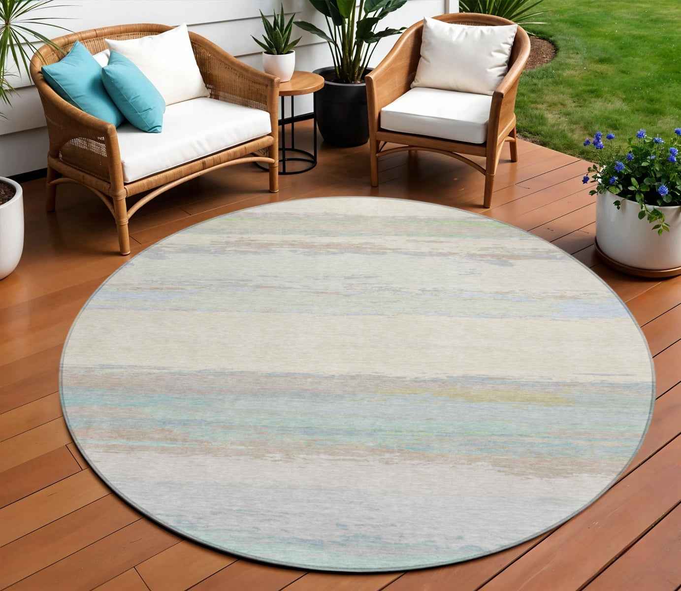 8' Ivory Round Abstract Washable Indoor Outdoor Area Rug