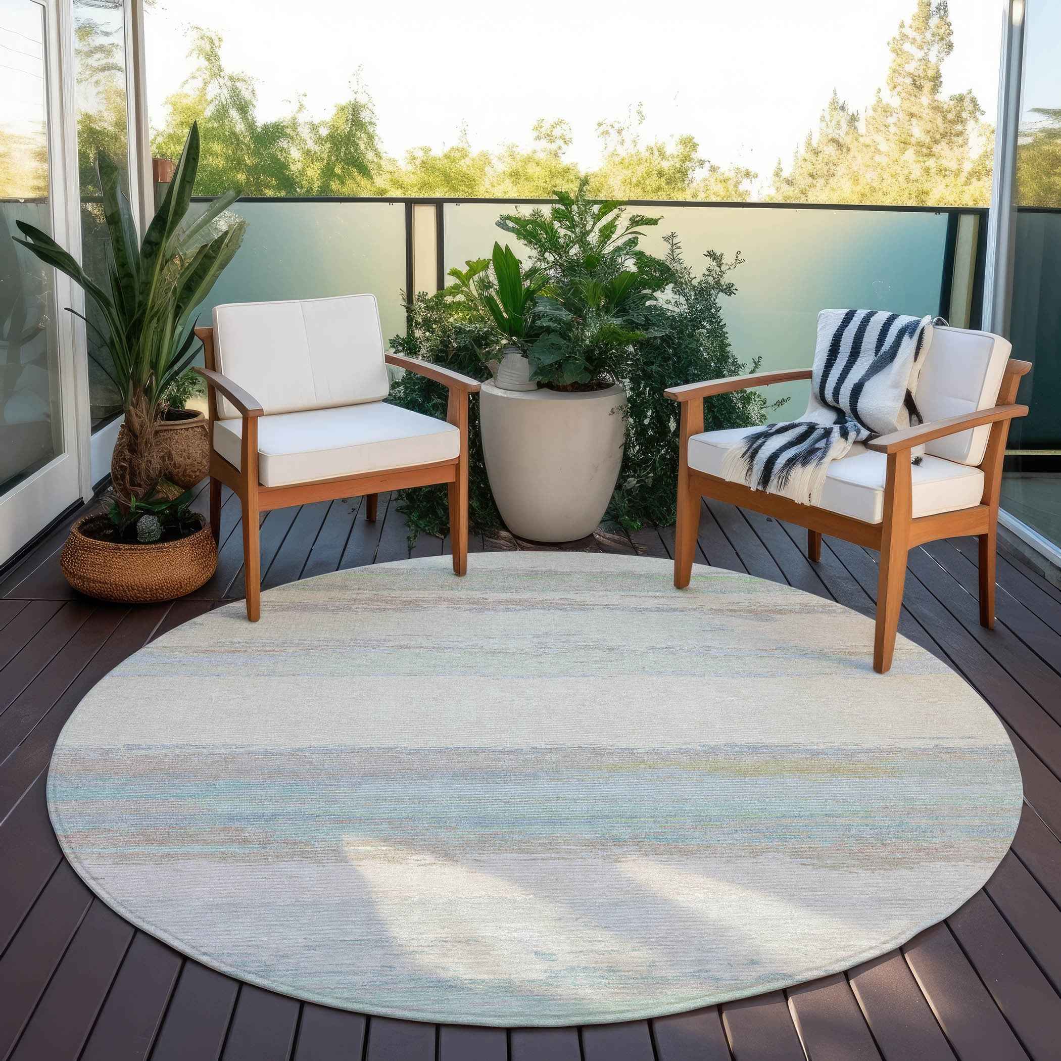 8' Ivory Round Abstract Washable Indoor Outdoor Area Rug