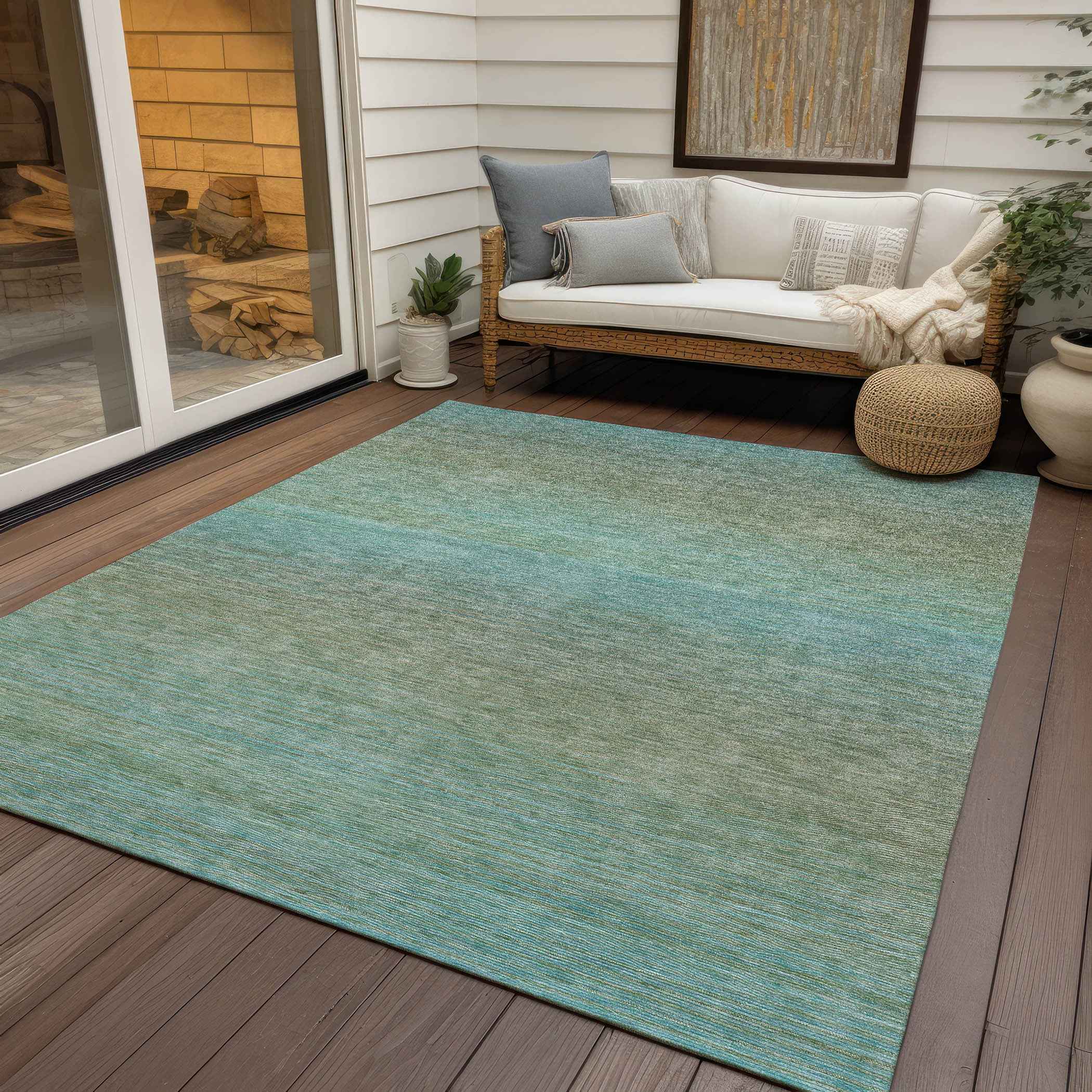 5' X 8' Teal Blue Striped Washable Indoor Outdoor Area Rug