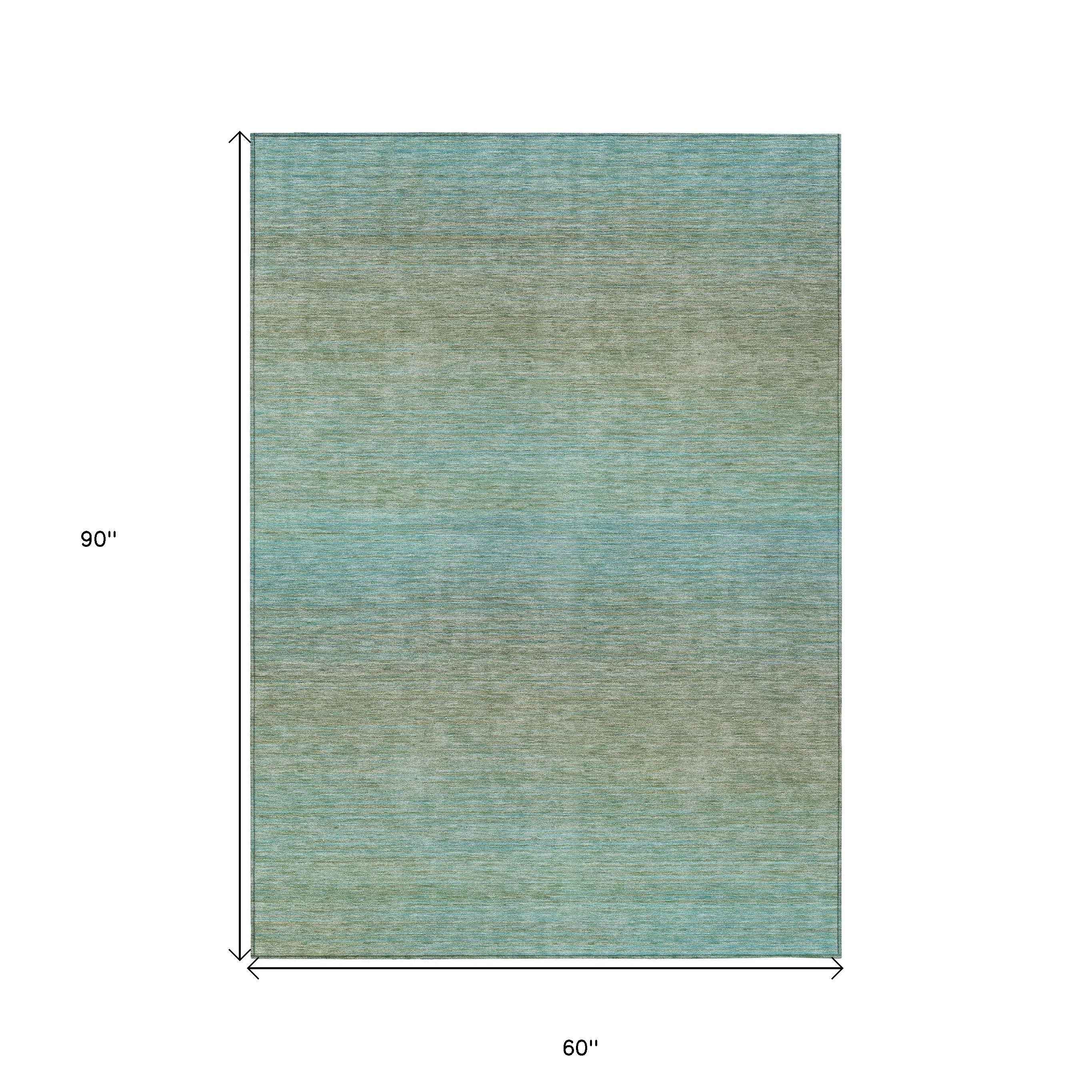 5' X 8' Teal Blue Striped Washable Indoor Outdoor Area Rug