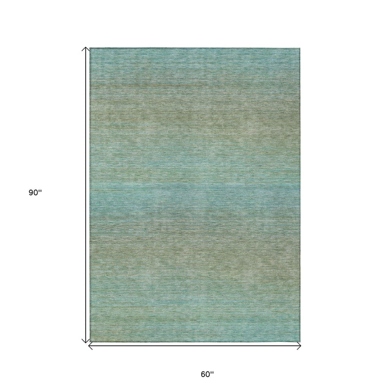 5' X 8' Teal Blue Striped Washable Indoor Outdoor Area Rug