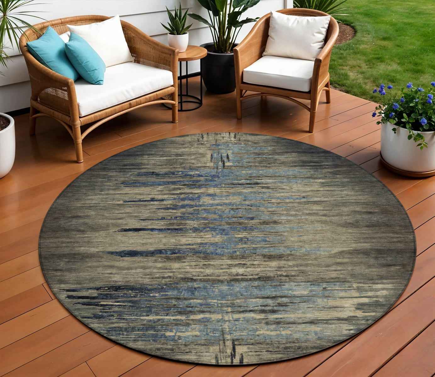 8' Coffee Round Abstract Washable Indoor Outdoor Area Rug