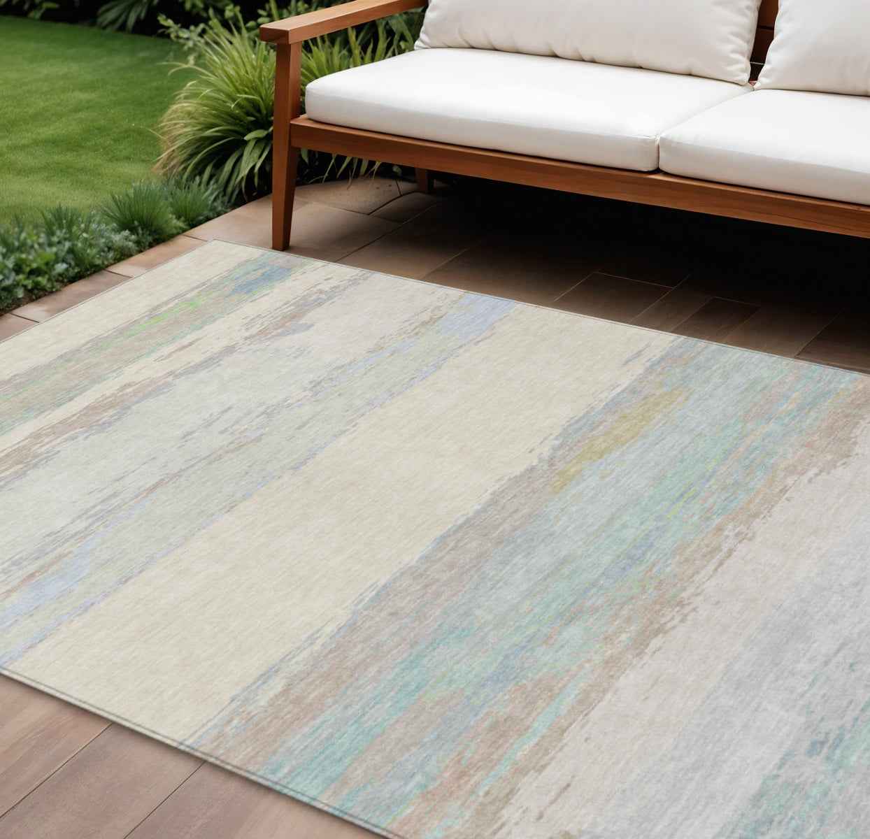 9' X 12' Ivory Abstract Washable Indoor Outdoor Area Rug