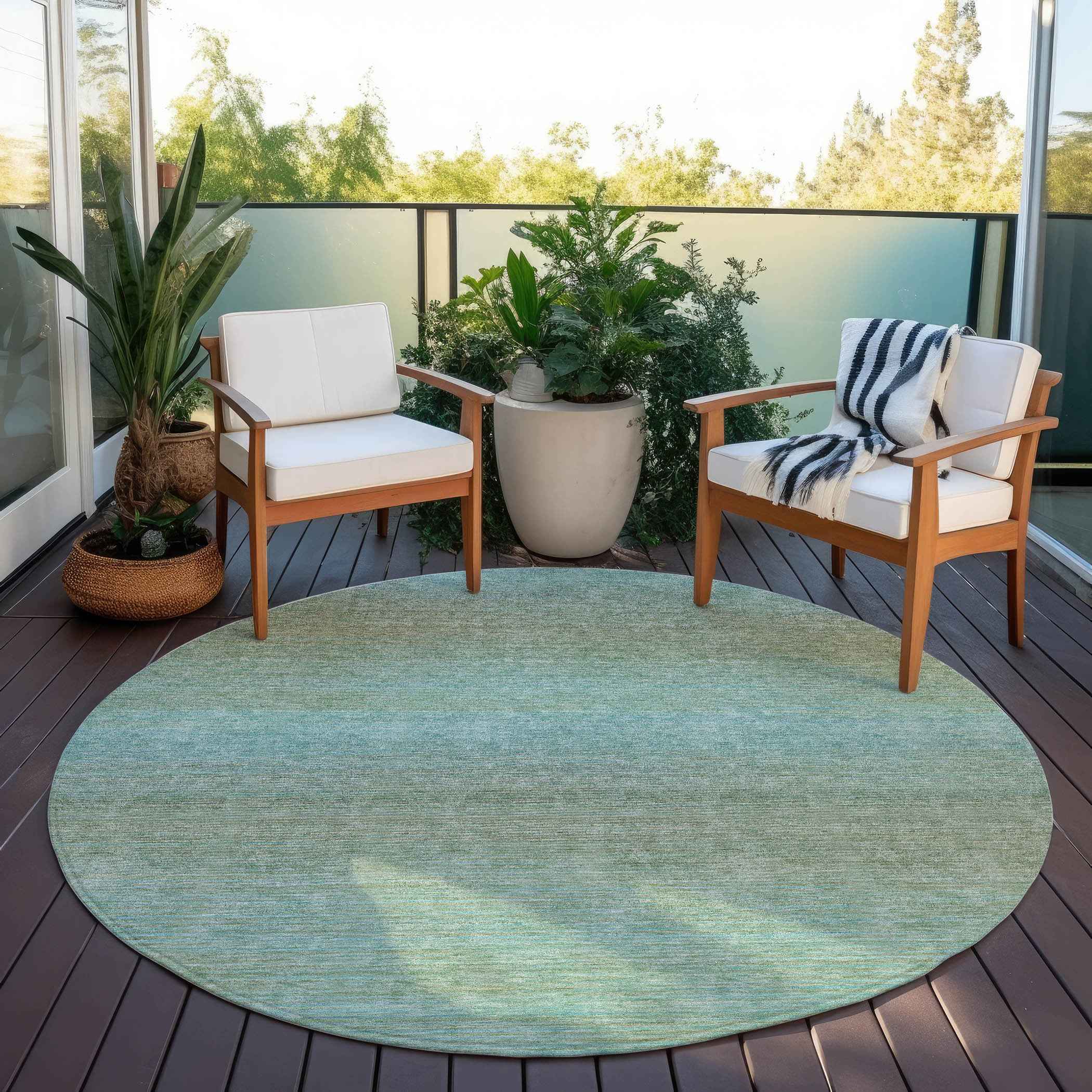 8' Teal Blue Round Striped Washable Indoor Outdoor Area Rug
