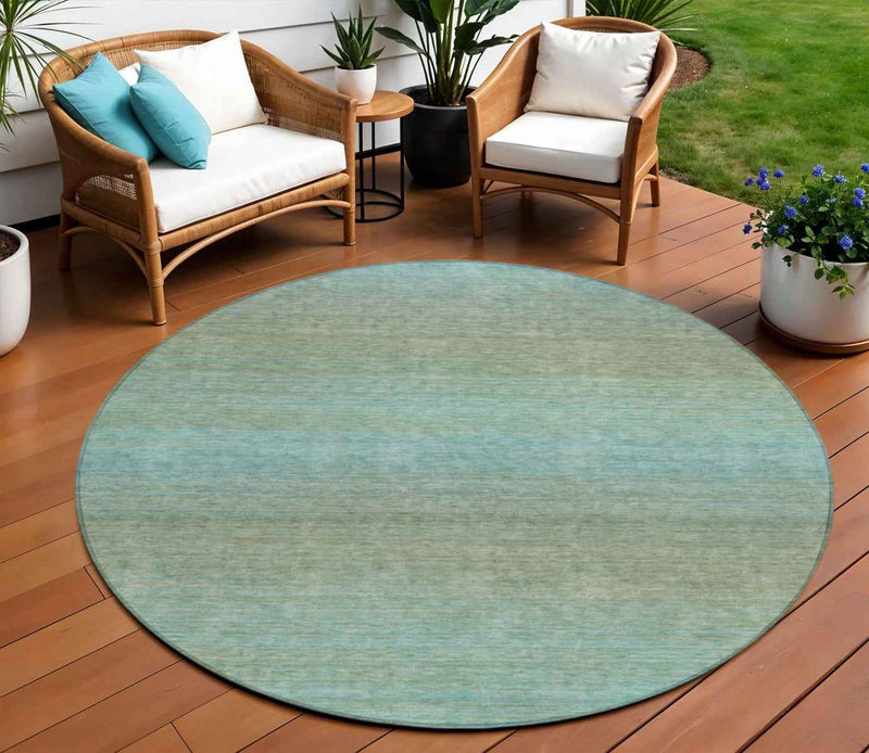 8' Teal Blue Round Striped Washable Indoor Outdoor Area Rug
