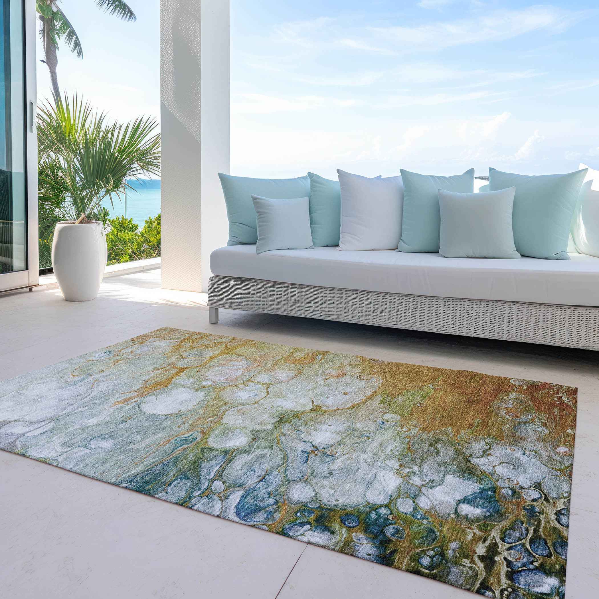 9' X 12' Orange Abstract Washable Indoor Outdoor Area Rug