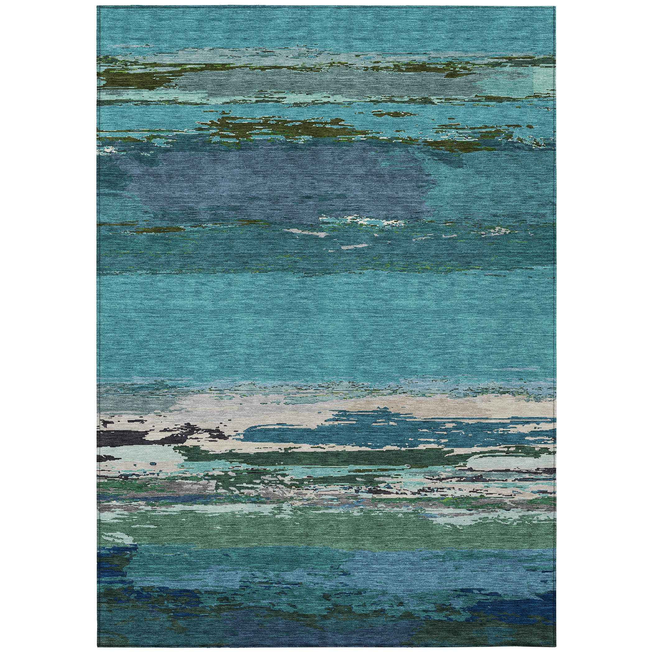 10' X 14' Teal Blue Abstract Washable Indoor Outdoor Area Rug