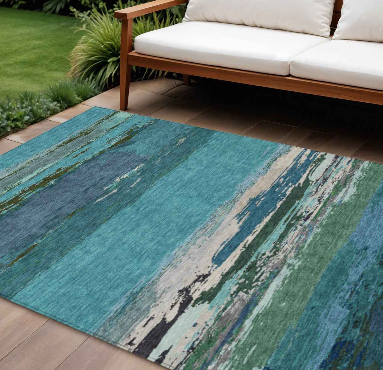 10' X 14' Teal Blue Abstract Washable Indoor Outdoor Area Rug