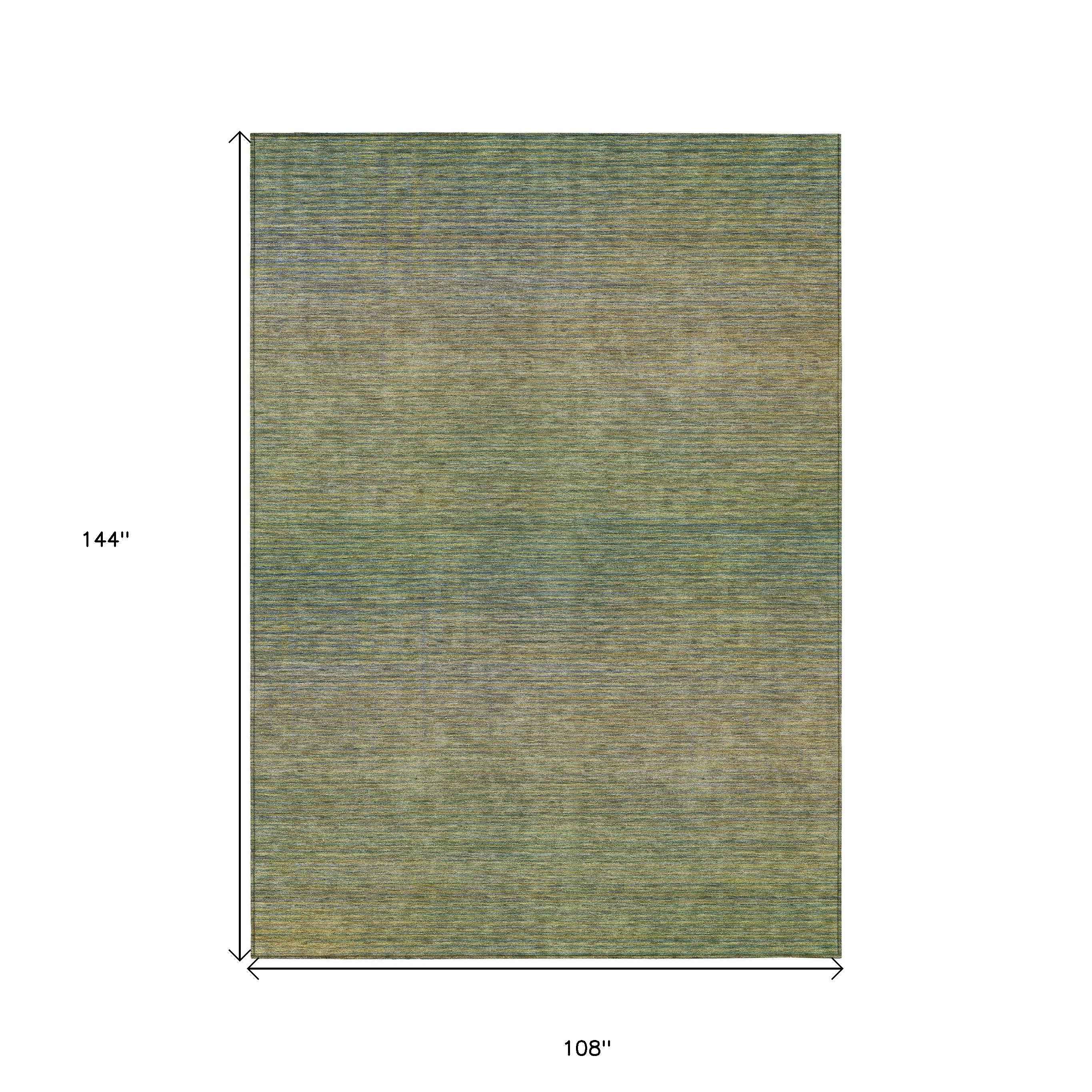 9' X 12' Fern Green Striped Washable Indoor Outdoor Area Rug