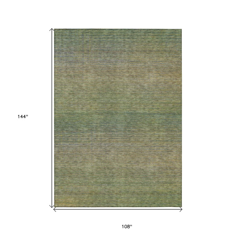 9' X 12' Fern Green Striped Washable Indoor Outdoor Area Rug