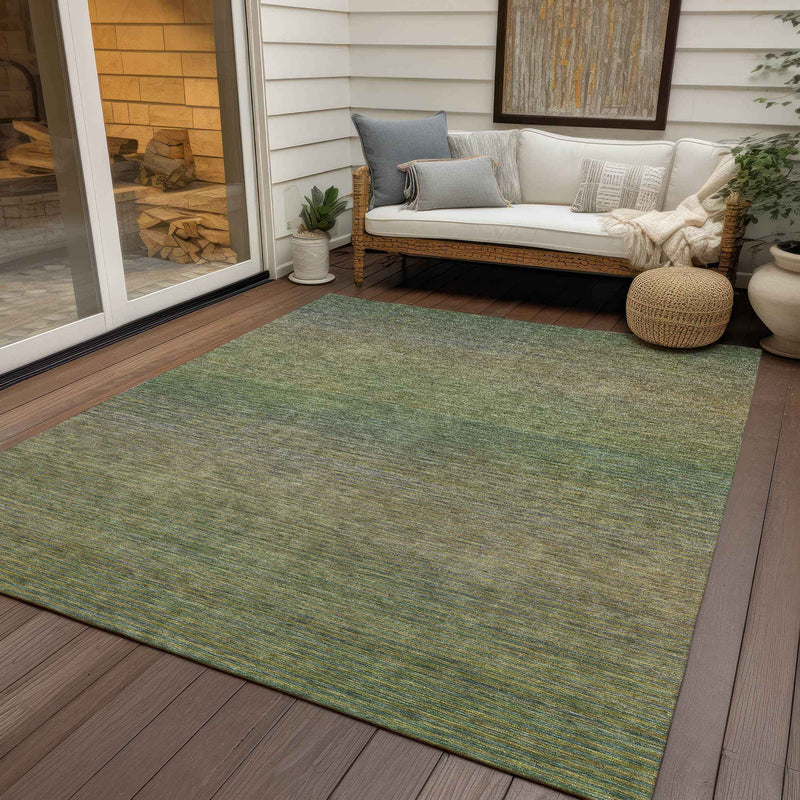 9' X 12' Fern Green Striped Washable Indoor Outdoor Area Rug