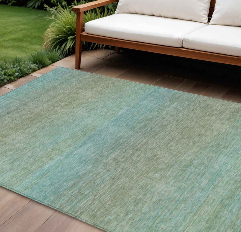 10' X 14' Teal Blue Striped Washable Indoor Outdoor Area Rug