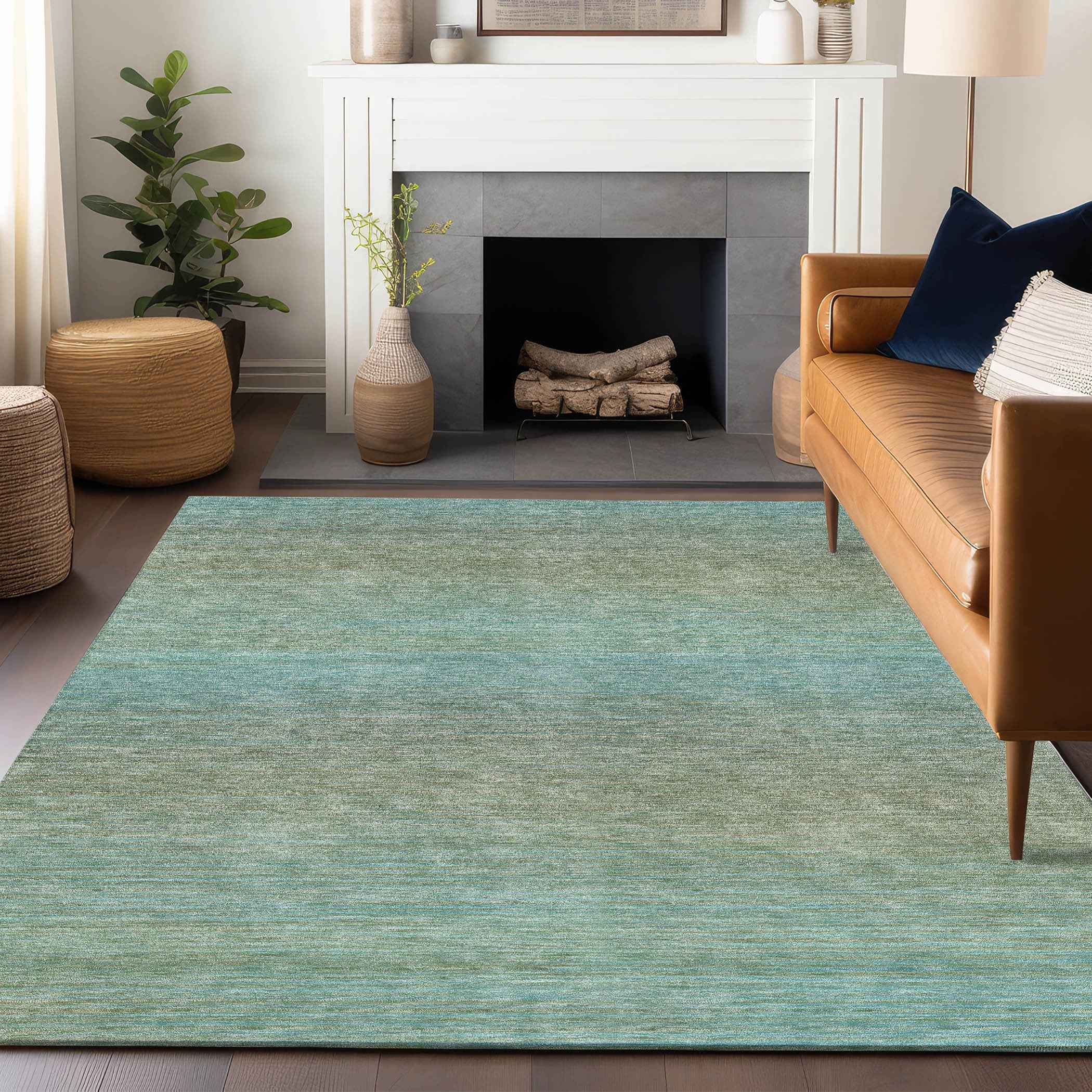 10' X 14' Teal Blue Striped Washable Indoor Outdoor Area Rug
