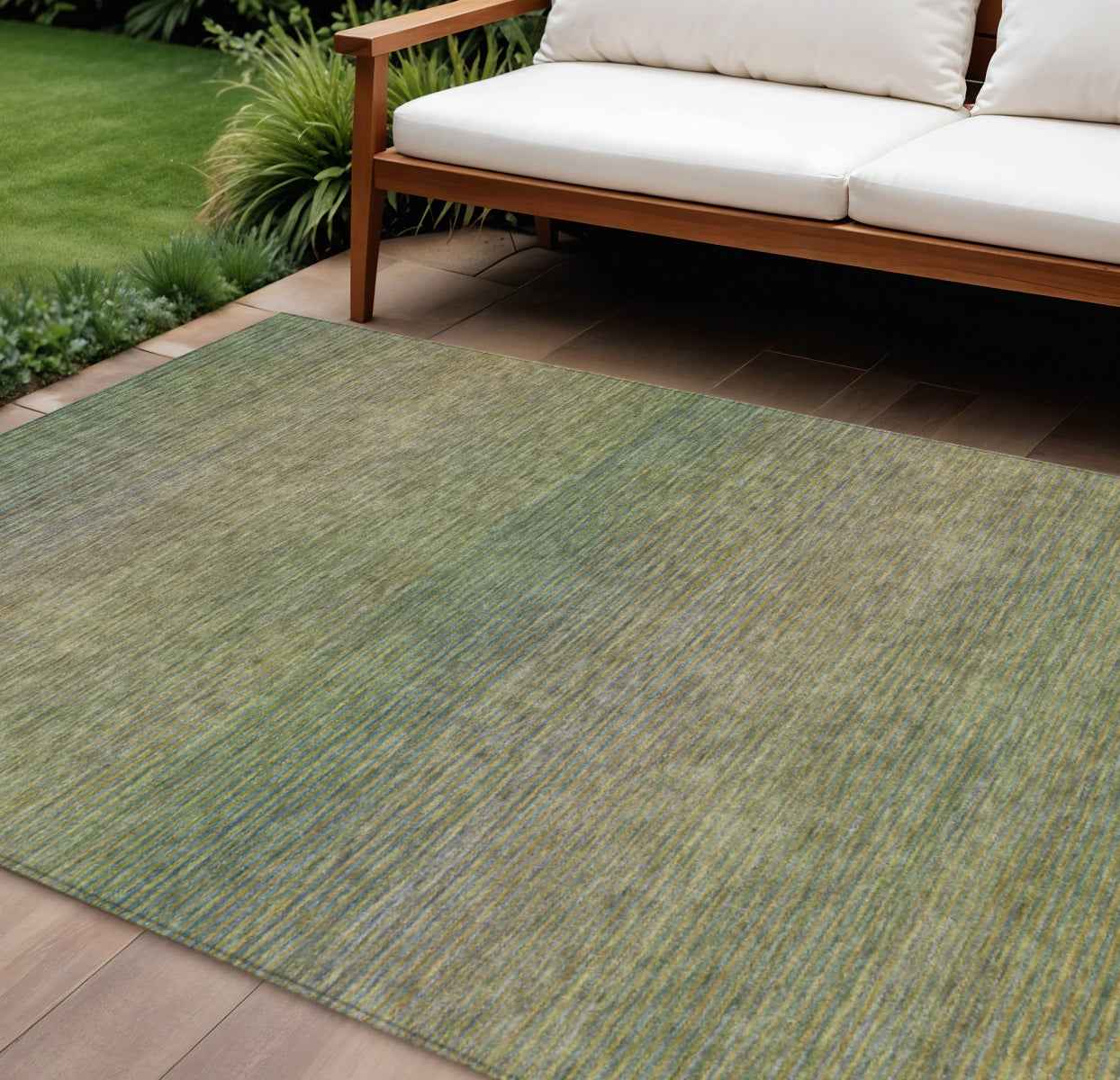 9' X 12' Fern Green Striped Washable Indoor Outdoor Area Rug