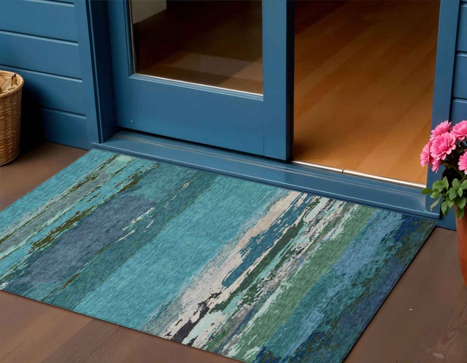 3' X 5' Teal Blue Abstract Washable Indoor Outdoor Area Rug