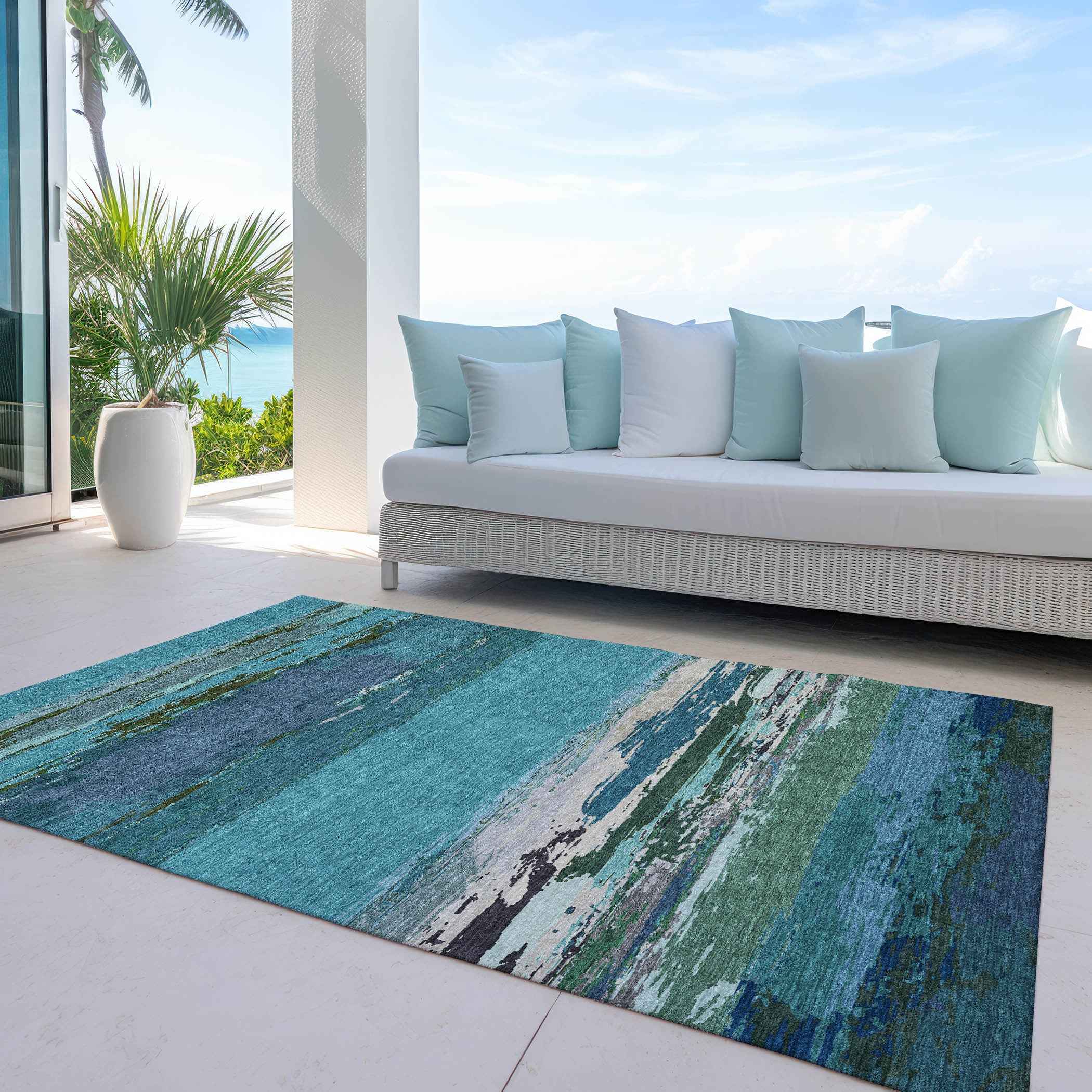 3' X 5' Teal Blue Abstract Washable Indoor Outdoor Area Rug