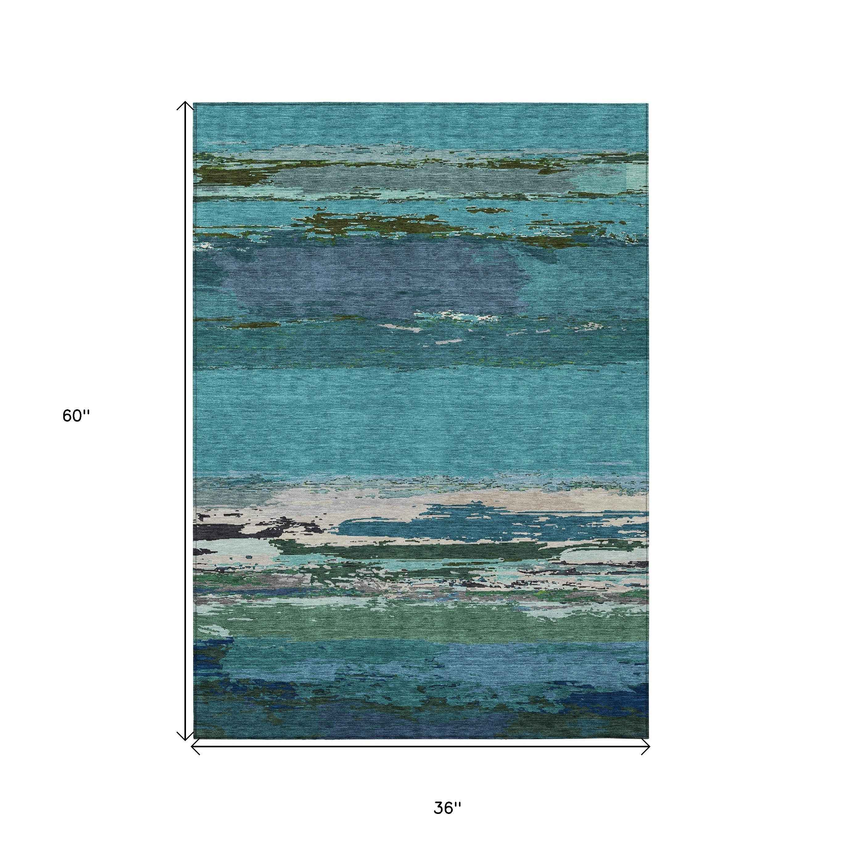 3' X 5' Teal Blue Abstract Washable Indoor Outdoor Area Rug