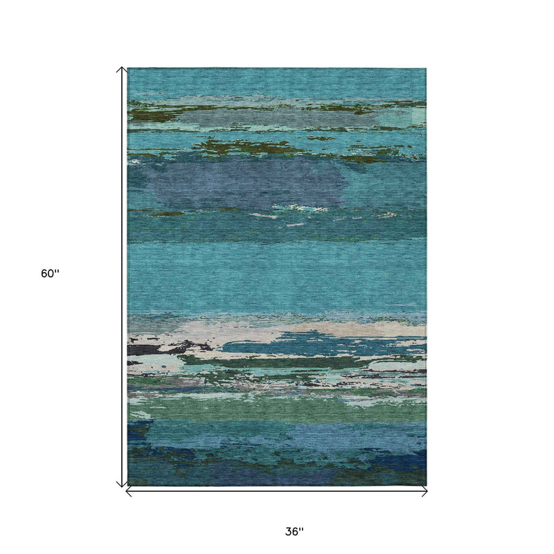 3' X 5' Teal Blue Abstract Washable Indoor Outdoor Area Rug