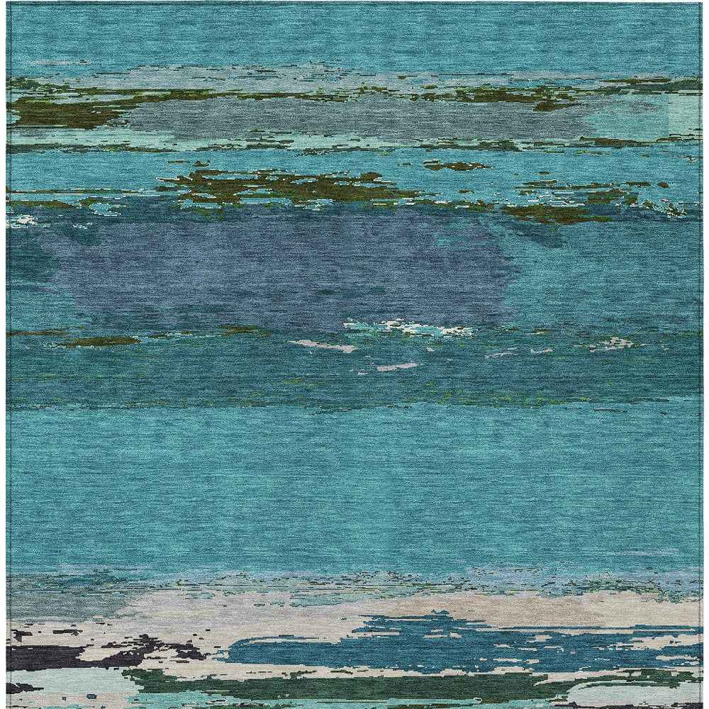 3' X 5' Teal Blue Abstract Washable Indoor Outdoor Area Rug