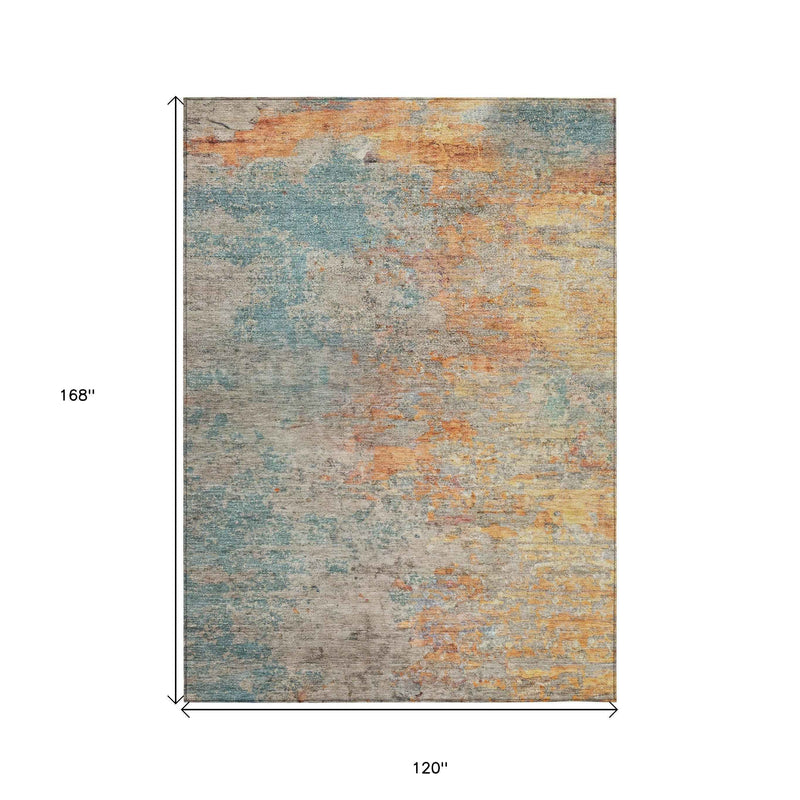 10' X 14' Teal Blue Abstract Washable Indoor Outdoor Area Rug