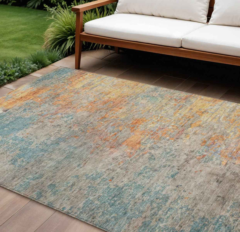 10' X 14' Teal Blue Abstract Washable Indoor Outdoor Area Rug