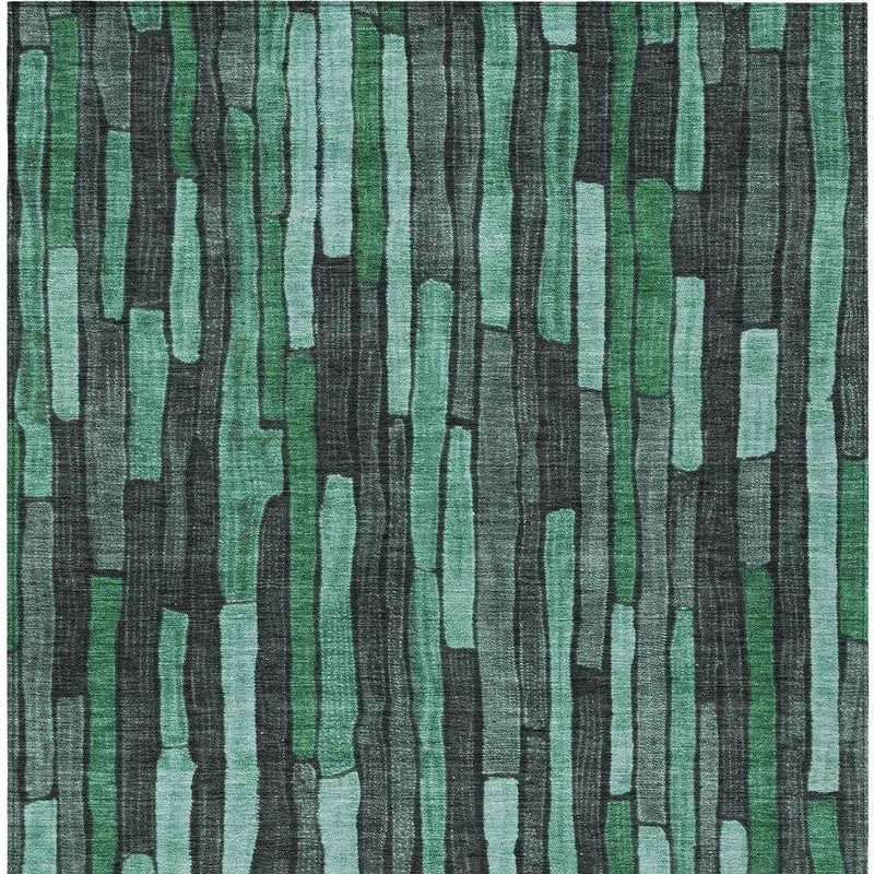 9' X 12' Sage Teal Blue And Emerald Striped Washable Indoor Outdoor Area Rug